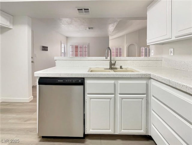 kitchen featuring sink, stainless steel dishwasher, white cabinets, and kitchen peninsula