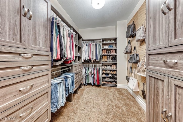 walk in closet with light carpet