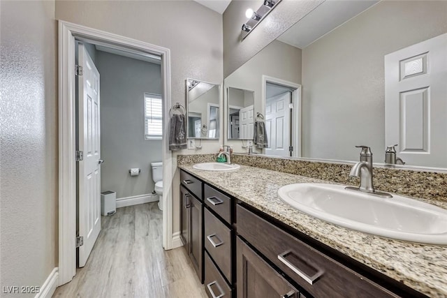 bathroom with vanity, wood-type flooring, and toilet