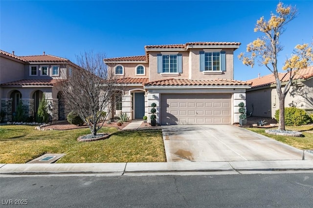 mediterranean / spanish-style home with a garage and a front lawn