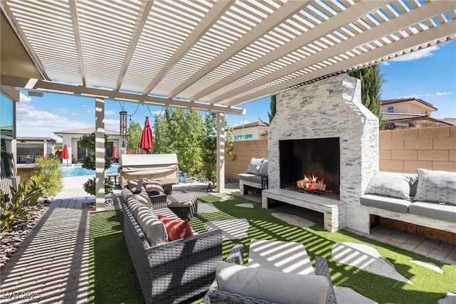 view of patio / terrace with a grill, a pergola, and an outdoor living space with a fireplace