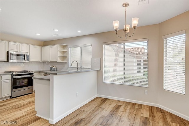 kitchen featuring appliances with stainless steel finishes, backsplash, white cabinets, decorative light fixtures, and kitchen peninsula