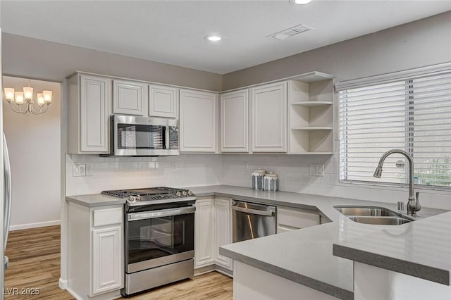 kitchen featuring sink, appliances with stainless steel finishes, backsplash, white cabinets, and light wood-type flooring