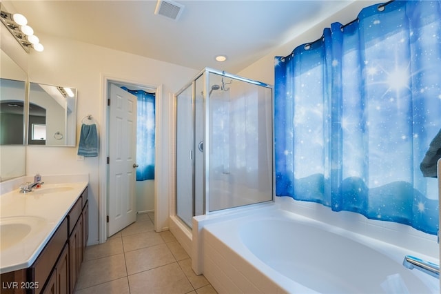 bathroom with a bath, visible vents, tile patterned floors, and a stall shower