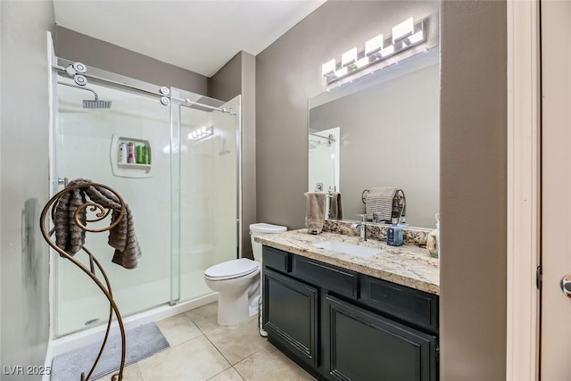 bathroom with tile patterned flooring, vanity, an enclosed shower, and toilet