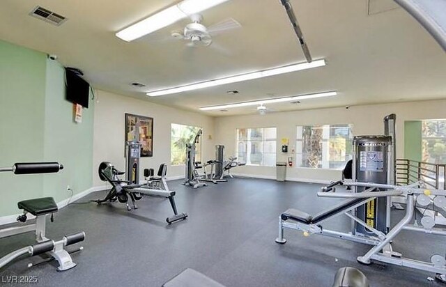 workout area featuring plenty of natural light and ceiling fan