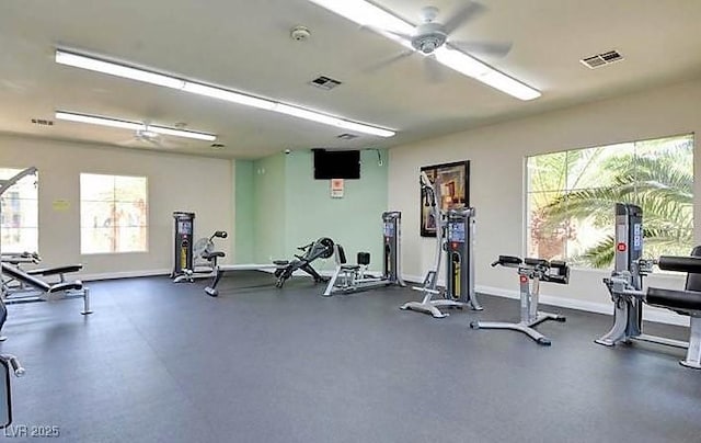 gym featuring ceiling fan