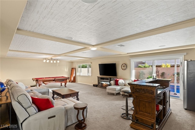 carpeted living room featuring visible vents, billiards, and baseboards