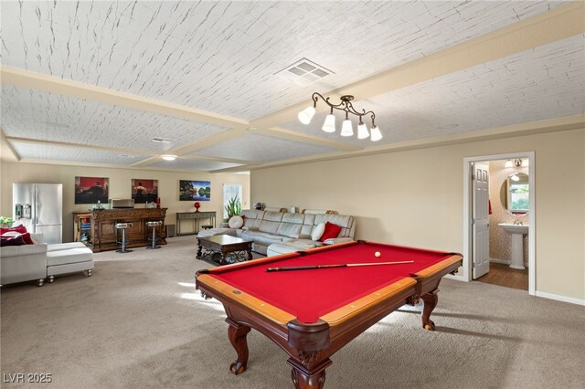 playroom with a healthy amount of sunlight, sink, carpet floors, and pool table