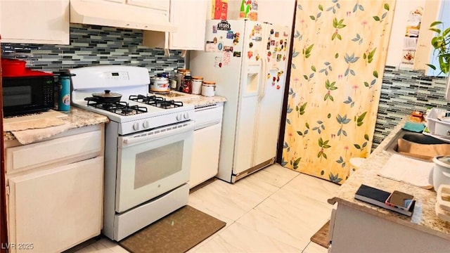 kitchen featuring ventilation hood, sink, white cabinets, decorative backsplash, and white appliances