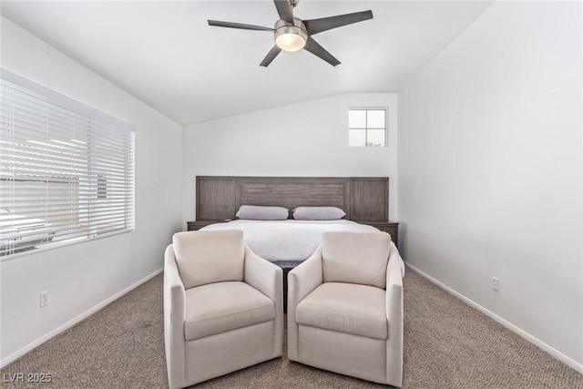 bedroom featuring ceiling fan, lofted ceiling, and carpet