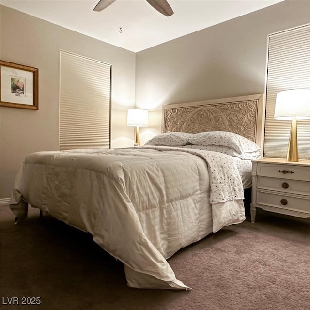 bedroom with ceiling fan and carpet flooring