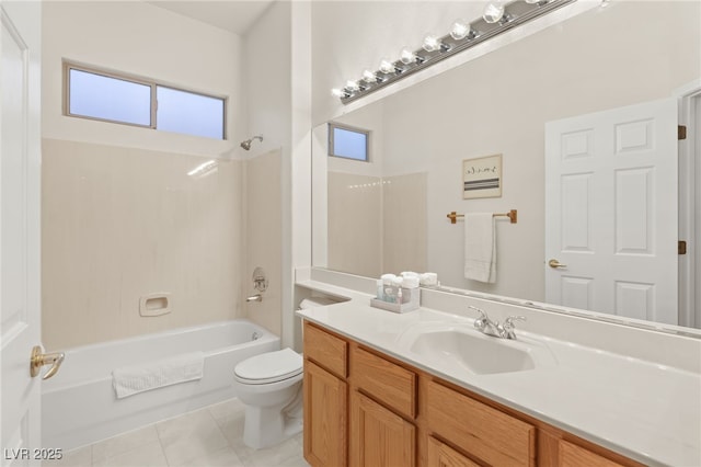 full bathroom with bathtub / shower combination, tile patterned floors, toilet, and vanity