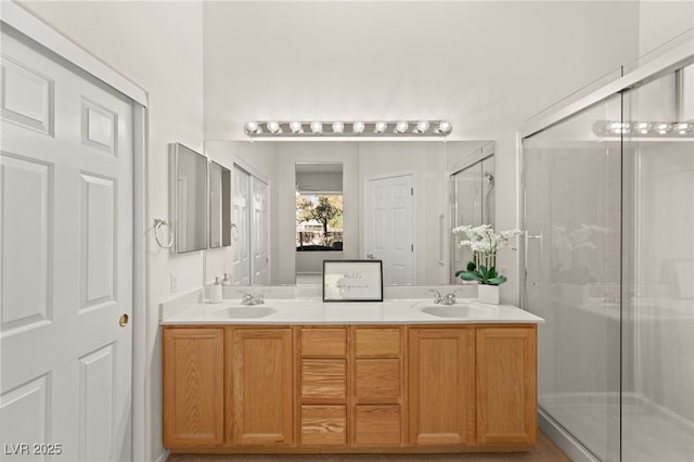 bathroom featuring vanity and a shower with shower door