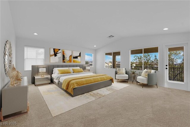 2033 Old Field Ave, North Las Vegas, NV 89081 - bedroom featuring vaulted ceiling, carpet flooring, recessed lighting, and access to outside