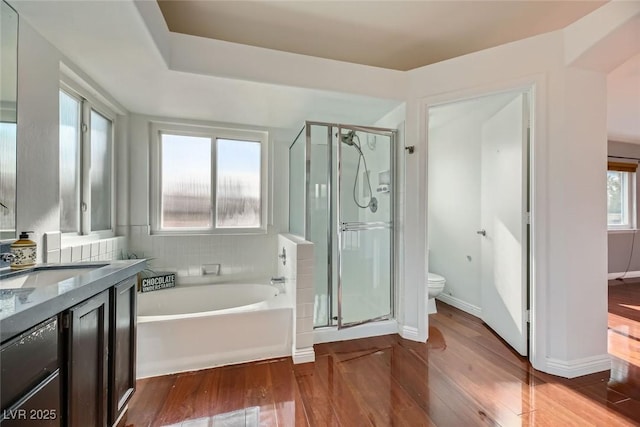 full bathroom featuring wood-type flooring, toilet, independent shower and bath, and vanity