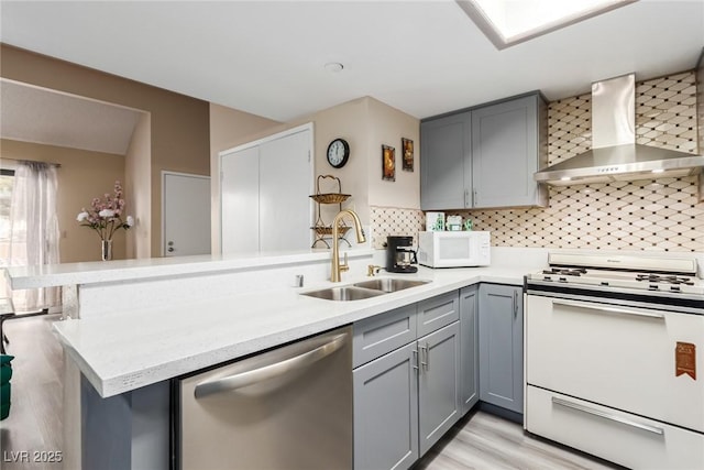 kitchen featuring wall chimney range hood, white appliances, sink, and kitchen peninsula