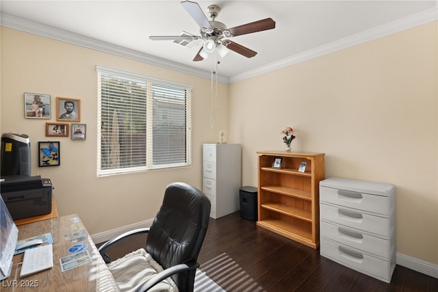 office area featuring crown molding, dark hardwood / wood-style floors, and ceiling fan