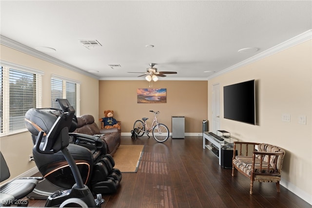 exercise room featuring crown molding, dark wood-type flooring, and ceiling fan