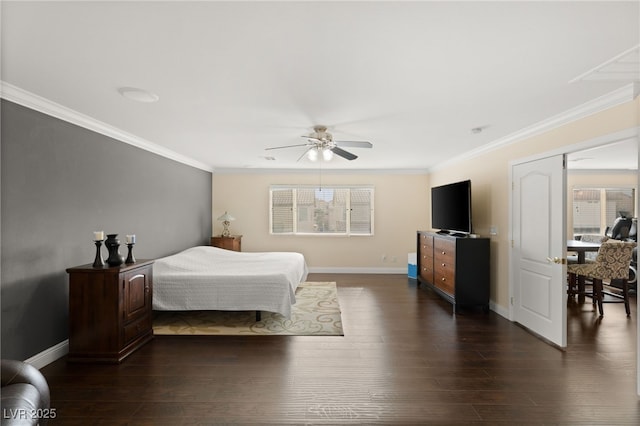 bedroom featuring ornamental molding, dark hardwood / wood-style flooring, and ceiling fan