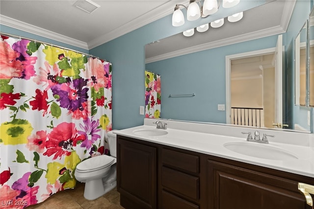 bathroom with crown molding, vanity, toilet, and tile patterned flooring