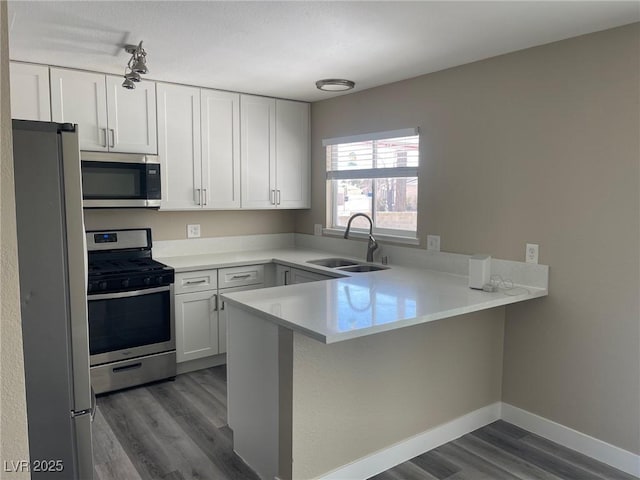 kitchen with appliances with stainless steel finishes, dark hardwood / wood-style floors, sink, white cabinets, and kitchen peninsula