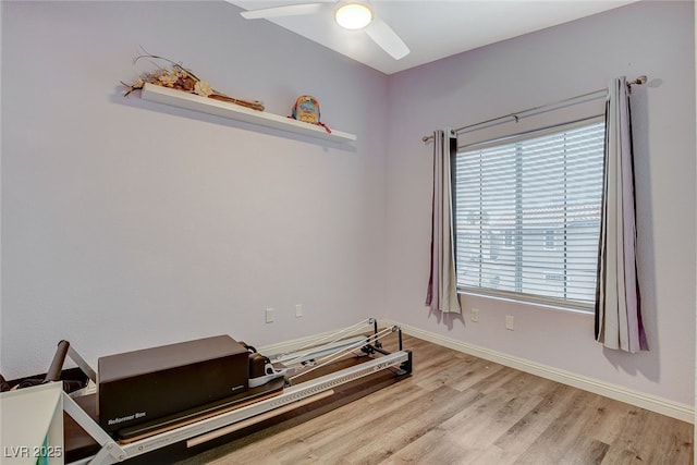 workout room featuring ceiling fan, a healthy amount of sunlight, and light wood-type flooring