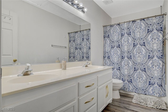 bathroom with a shower with curtain, wood-type flooring, toilet, and vanity