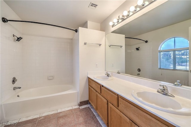 bathroom featuring vanity, tile patterned floors, and shower / tub combination