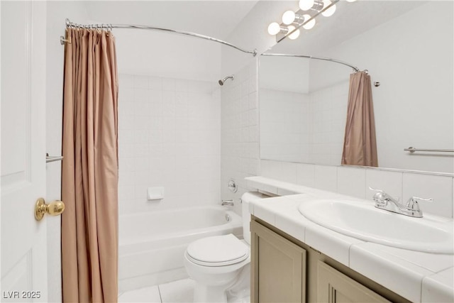 full bathroom with shower / bathtub combination with curtain, backsplash, vanity, tile patterned floors, and toilet