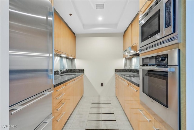 kitchen with sink, light tile patterned floors, appliances with stainless steel finishes, dark stone countertops, and a raised ceiling