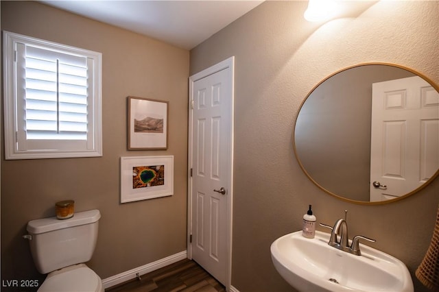 bathroom with hardwood / wood-style flooring, toilet, and sink