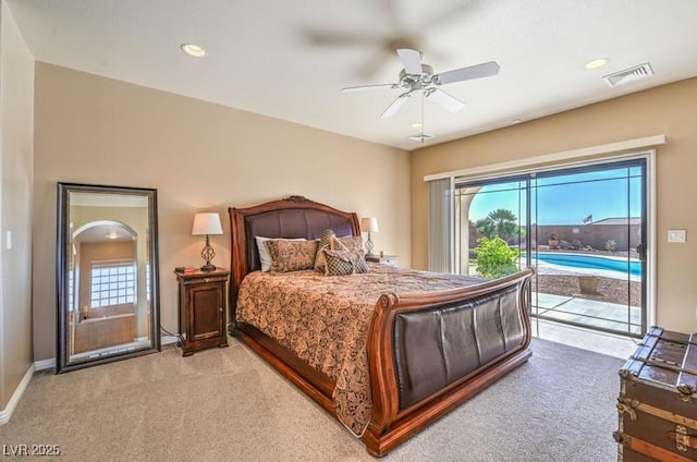 bedroom with ceiling fan, carpet floors, and access to exterior