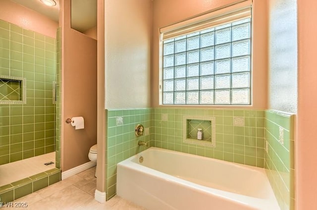 bathroom featuring tile patterned floors, plus walk in shower, and toilet