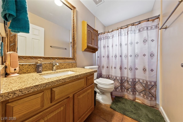 bathroom with vanity, tile patterned flooring, toilet, and a shower with shower curtain