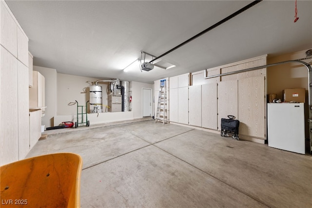 garage with heating unit, a garage door opener, and water heater