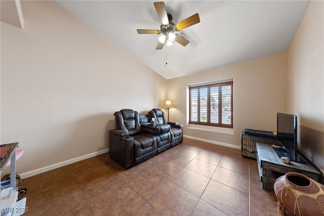 living area with vaulted ceiling, tile patterned floors, and ceiling fan