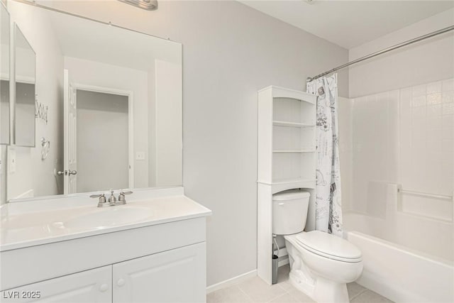 full bathroom with tile patterned flooring, vanity, toilet, and shower / bath combo with shower curtain