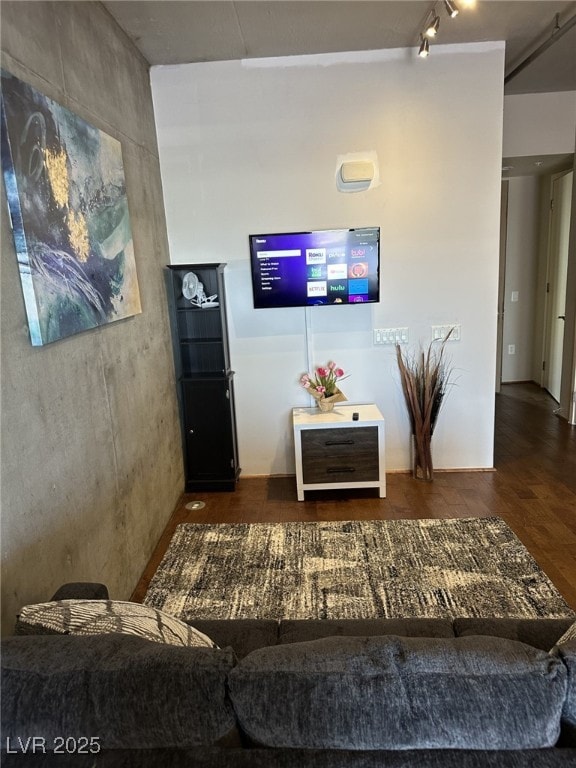 living room with dark hardwood / wood-style floors and track lighting