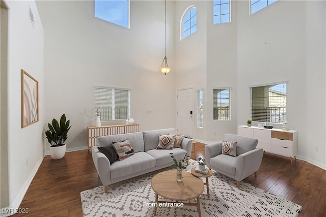 living room with a high ceiling and dark hardwood / wood-style flooring