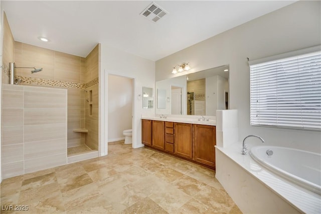 full bathroom with toilet, vanity, and shower with separate bathtub