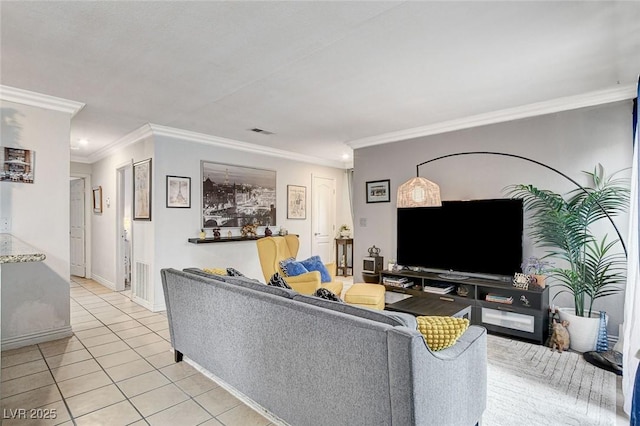 tiled living room featuring crown molding