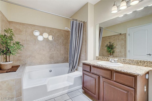 bathroom with shower / bath combination with curtain, vanity, and tile patterned floors