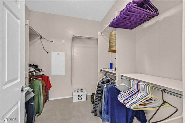 walk in closet featuring light colored carpet