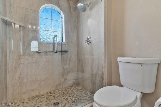 bathroom featuring a shower with shower door and toilet