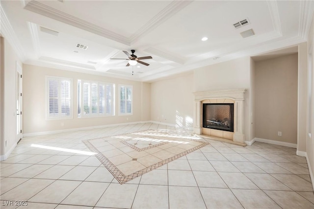 unfurnished living room with crown molding, light tile patterned floors, ceiling fan, and a fireplace