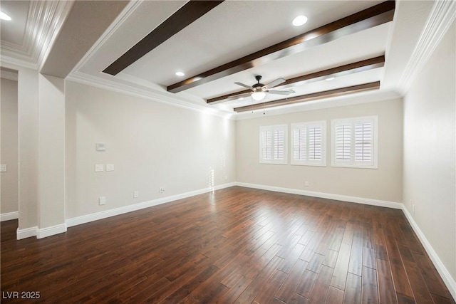 spare room featuring dark wood-type flooring, ceiling fan, crown molding, and beamed ceiling