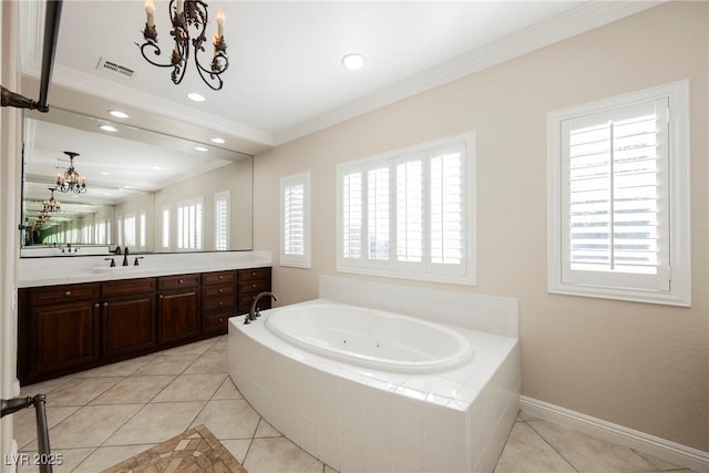 bathroom featuring tiled tub, crown molding, plenty of natural light, and tile patterned floors