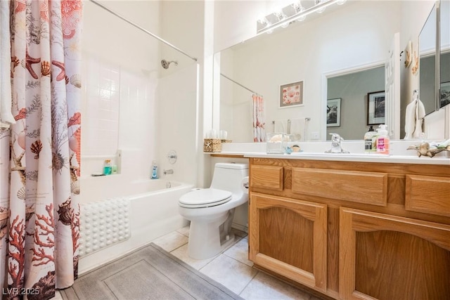 full bathroom with tile patterned floors, toilet, shower / bath combo with shower curtain, and vanity