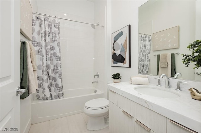 full bathroom with shower / tub combo with curtain, tile patterned floors, toilet, and vanity